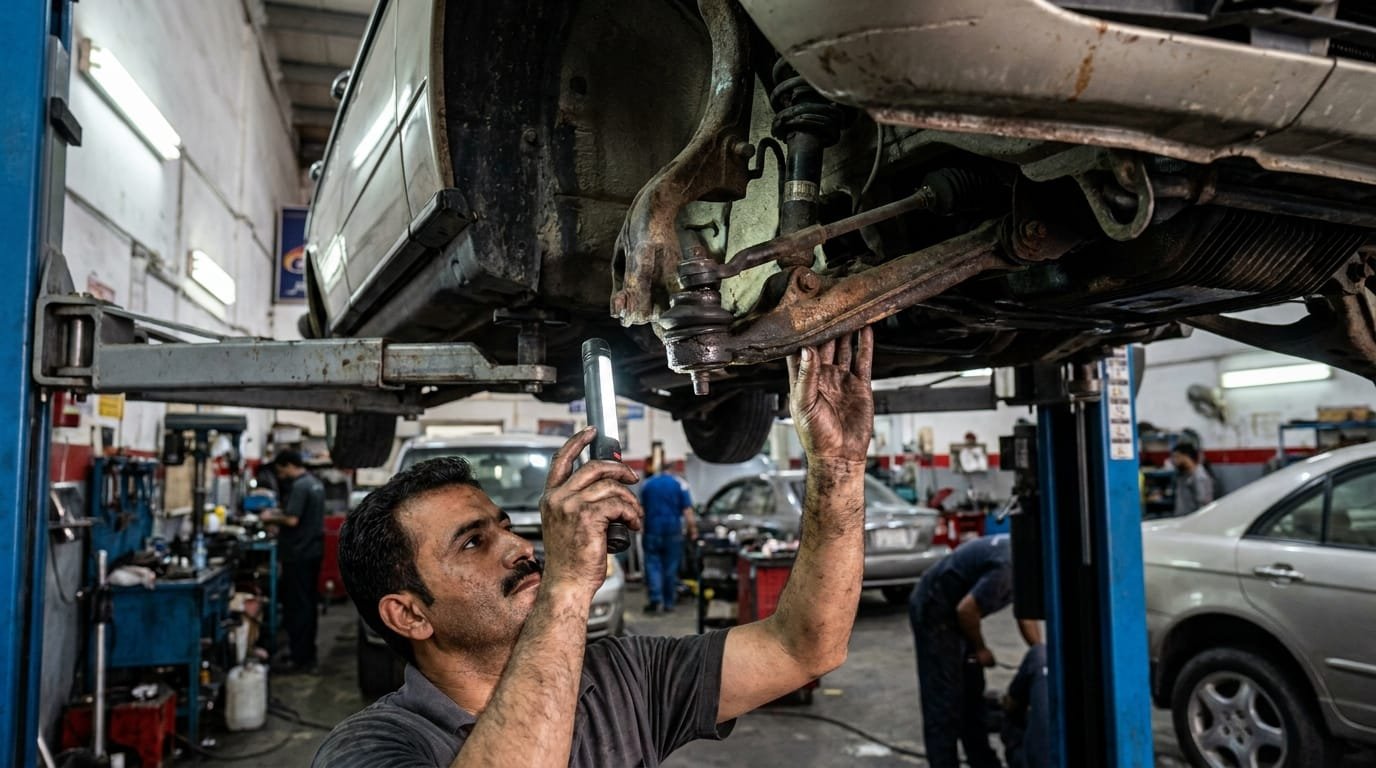 Mechanic inspecting car suspension components on a hydraulic lift in Al Quoz Dubai workshop