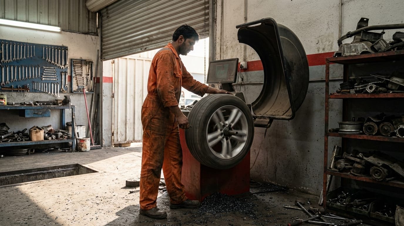 Tire fitting and balancing at UAE automotive workshop Sharjah Industrial Area