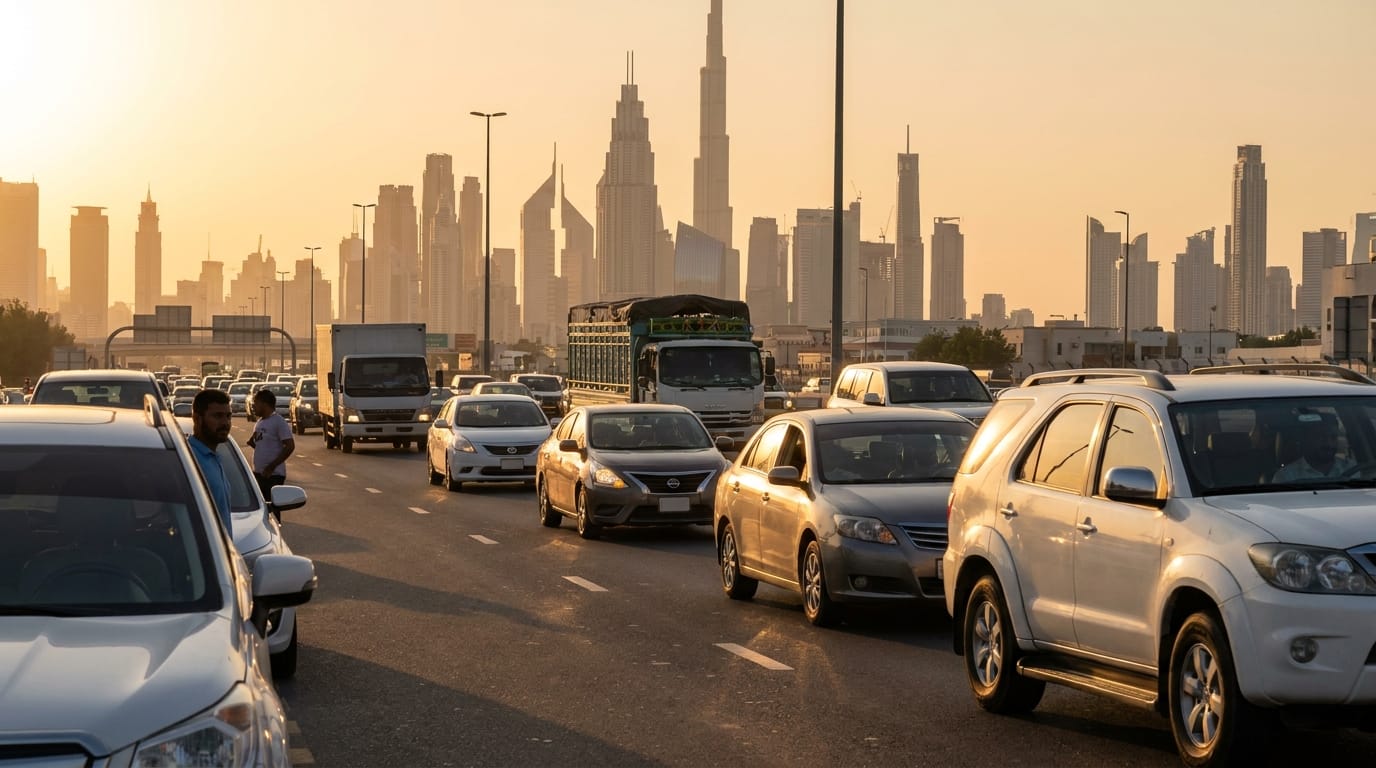 Toyota Camry driving on Sheikh Zayed Road Dubai highway at high speed showing fuel-efficient highway conditions