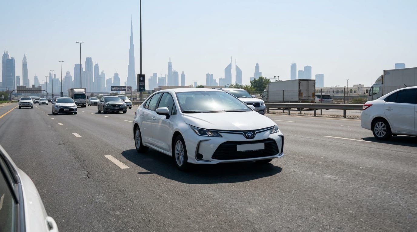 Toyota Corolla 2021 white sedan on Sheikh Zayed Road Dubai highway