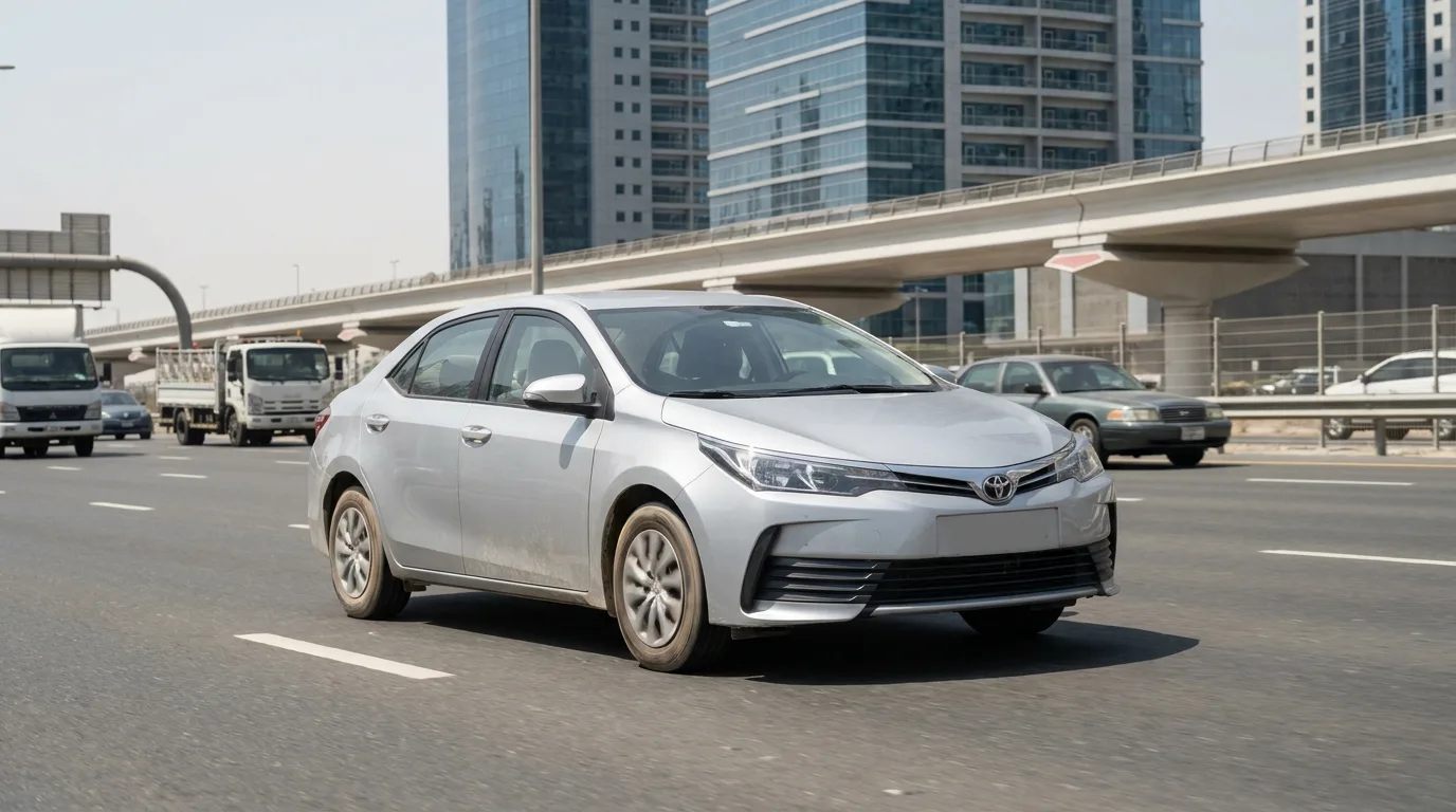 2018 Toyota Corolla parked on Sheikh Zayed Road Dubai in afternoon sunlight