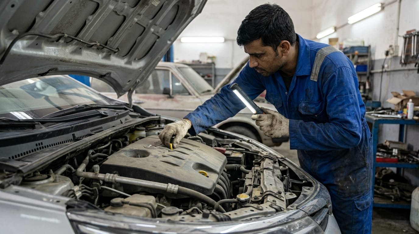 Toyota Corolla engine bay inspection at Al Quoz independent workshop Dubai