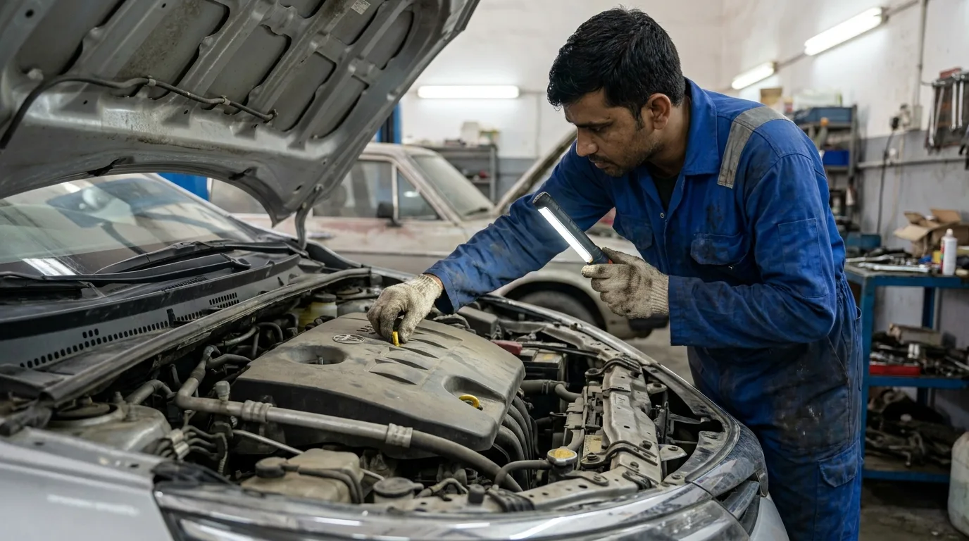 Toyota Corolla engine bay inspection at Al Quoz independent workshop Dubai