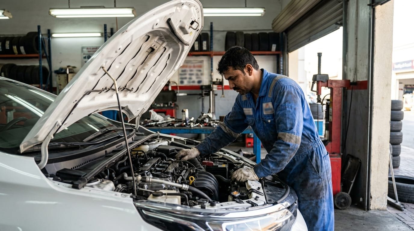 Toyota Corolla engine bay inspection at Al Quoz workshop Dubai