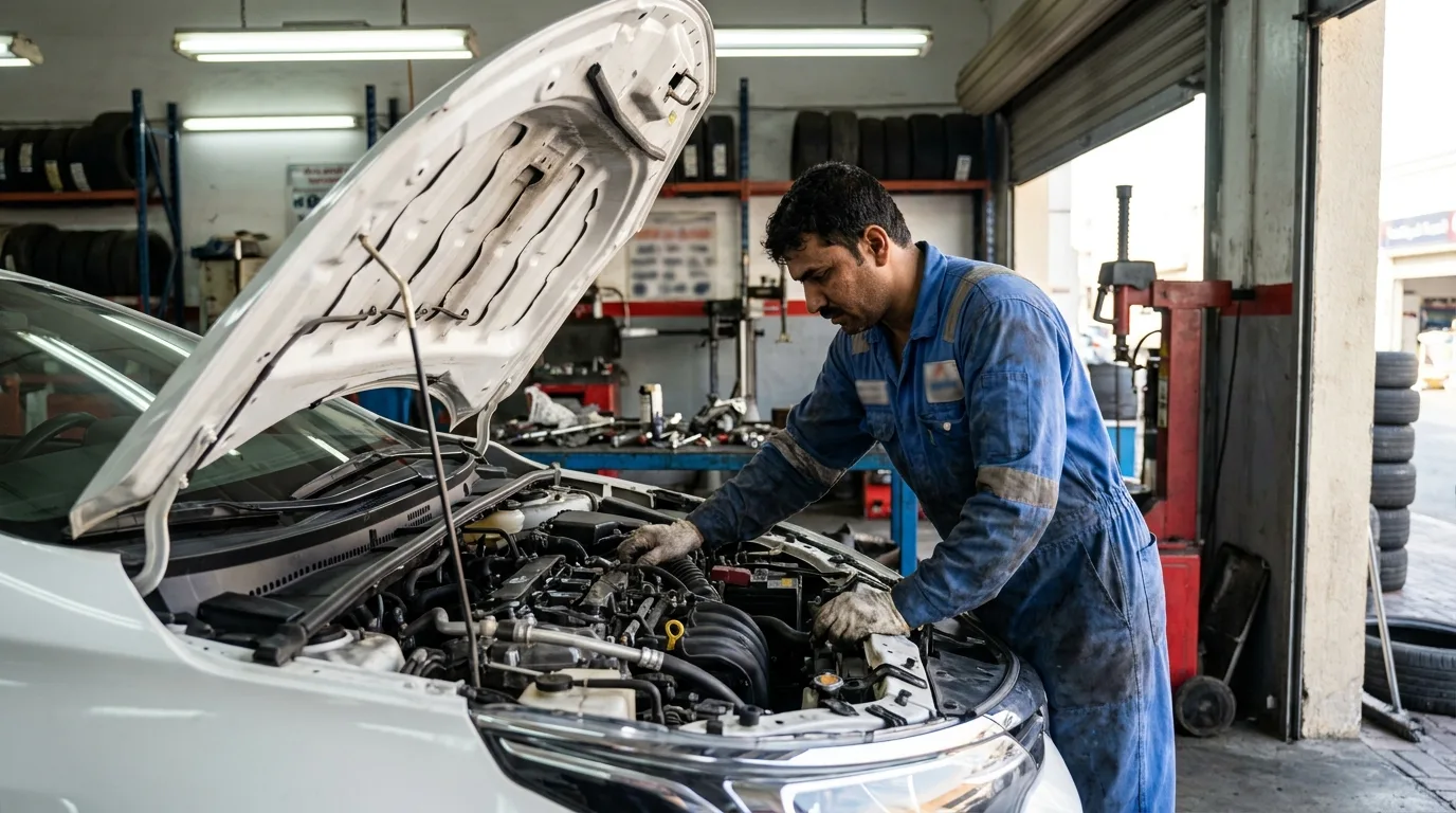 Toyota Corolla engine bay inspection at Al Quoz workshop Dubai