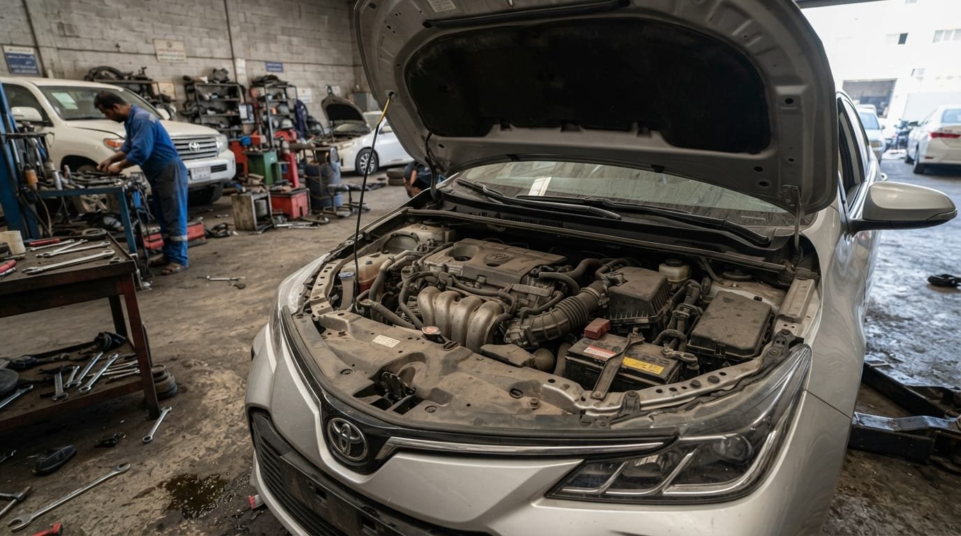 Toyota Corolla engine bay inspection at Al Quoz workshop Dubai