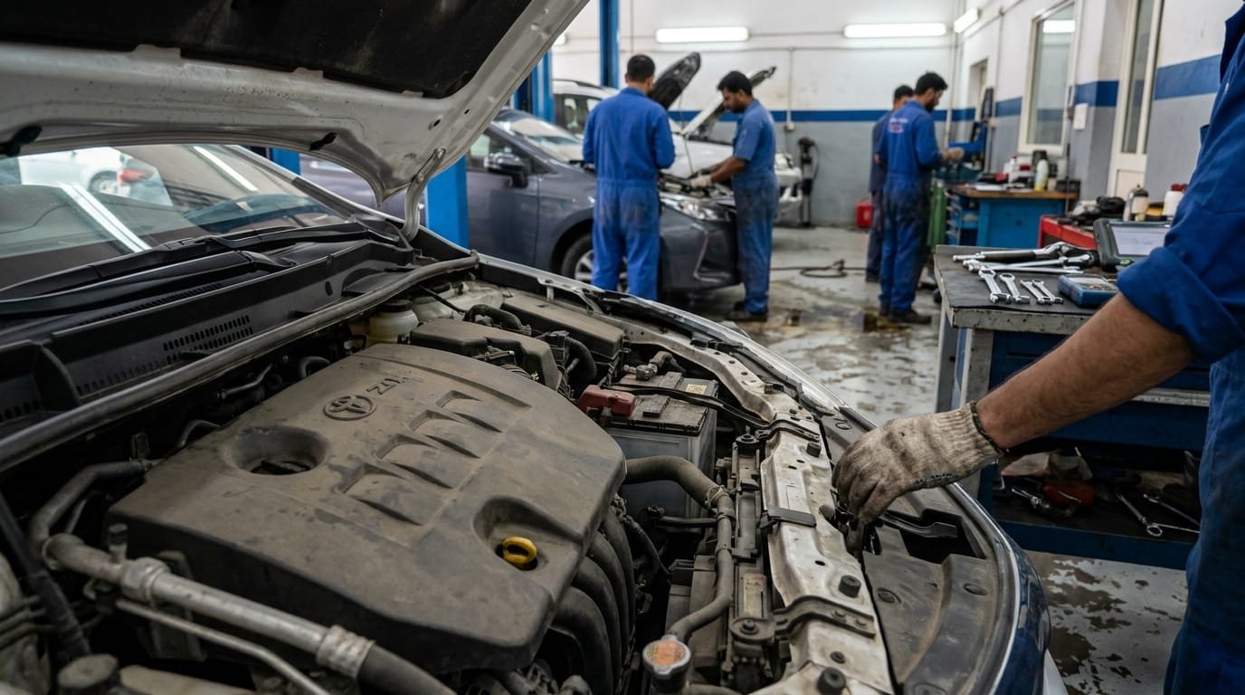 Toyota Corolla 2019 engine bay inspection Dubai independent mechanic Al Quoz