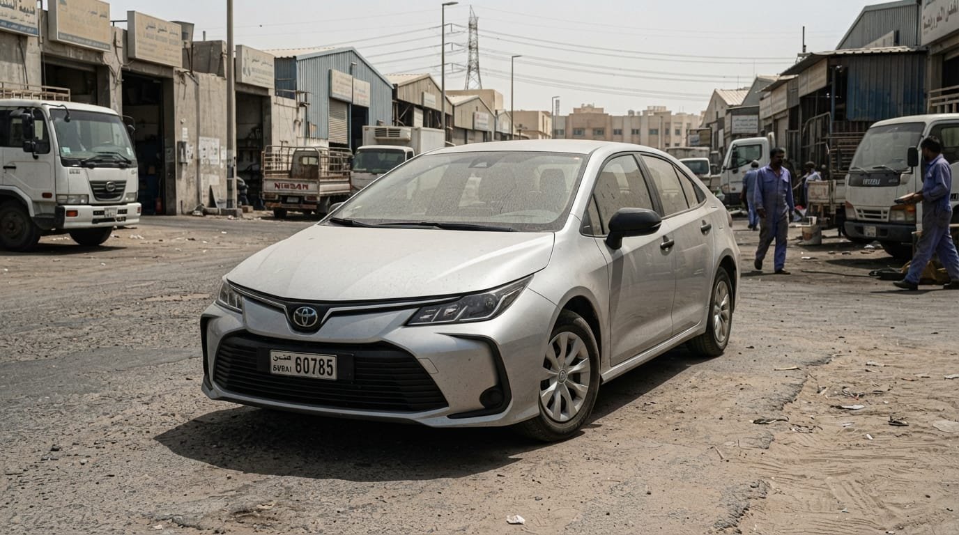 GCC-spec Toyota Corolla 2022 parked in Dubai Al Quoz industrial area daytime