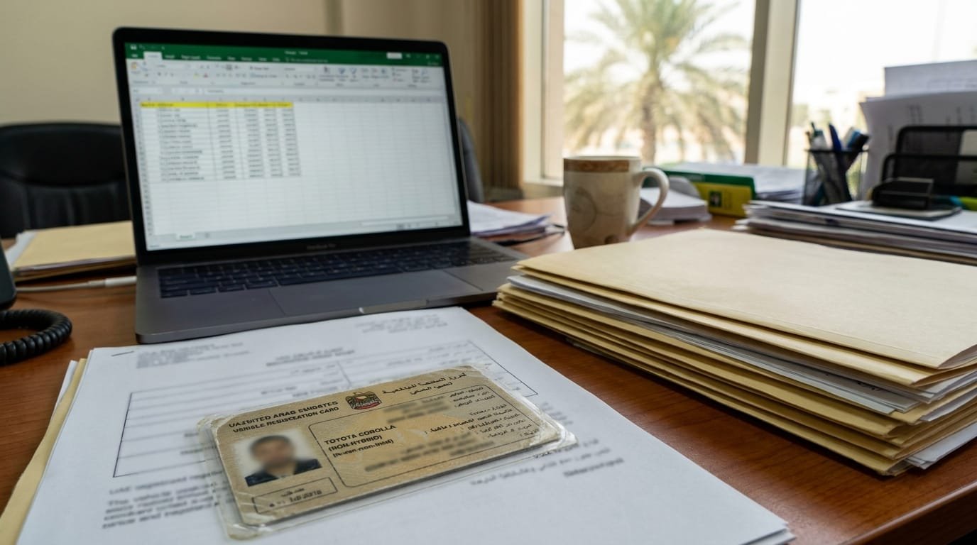 UAE expat comparing car insurance quotes on a laptop at a Dubai desk with Toyota Corolla Mulkiya visible