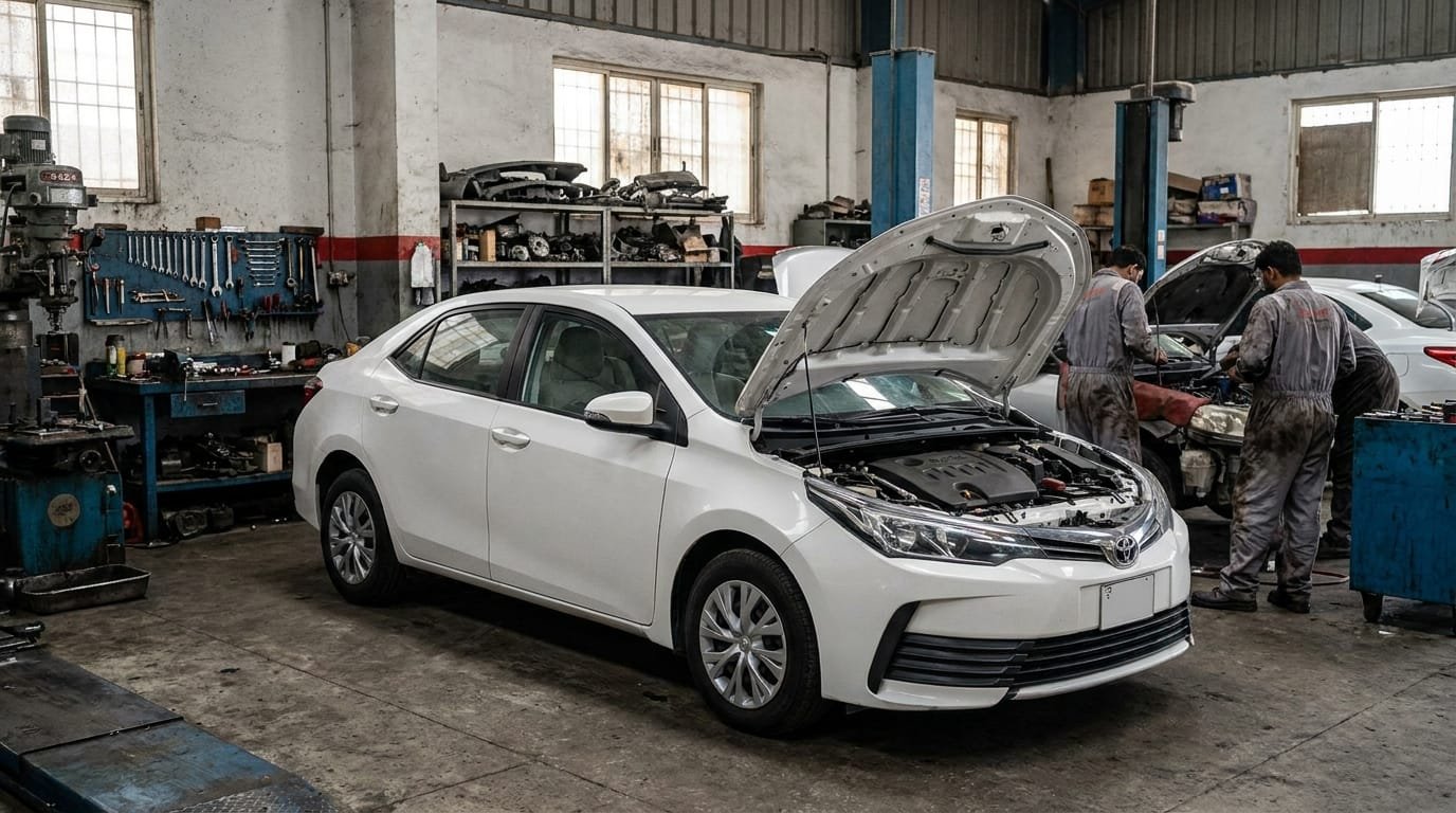Toyota Corolla 2019 white sedan in Al Quoz Dubai independent garage workshop with mechanic inspecting front bumper