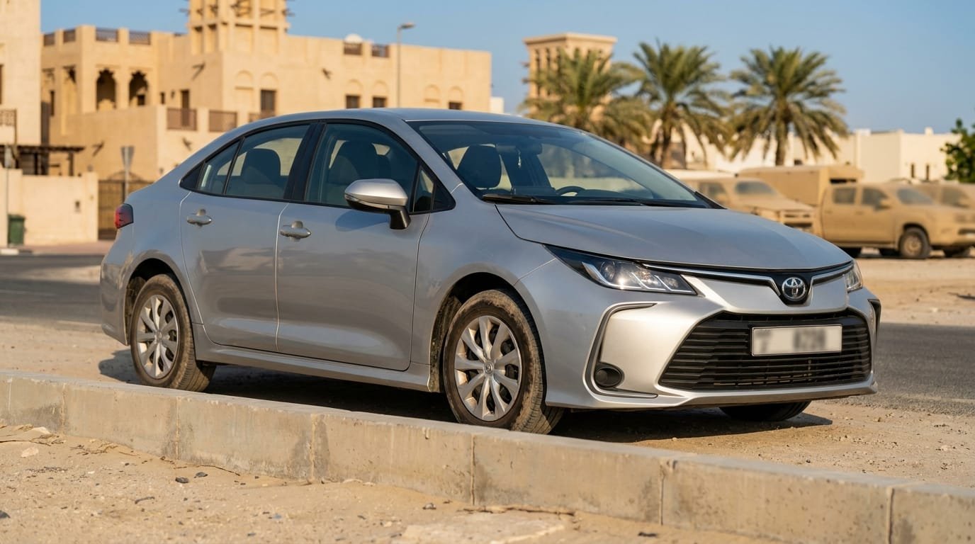 Toyota Corolla 2022 GCC spec sedan parked at a Dubai insurance office building exterior, daytime