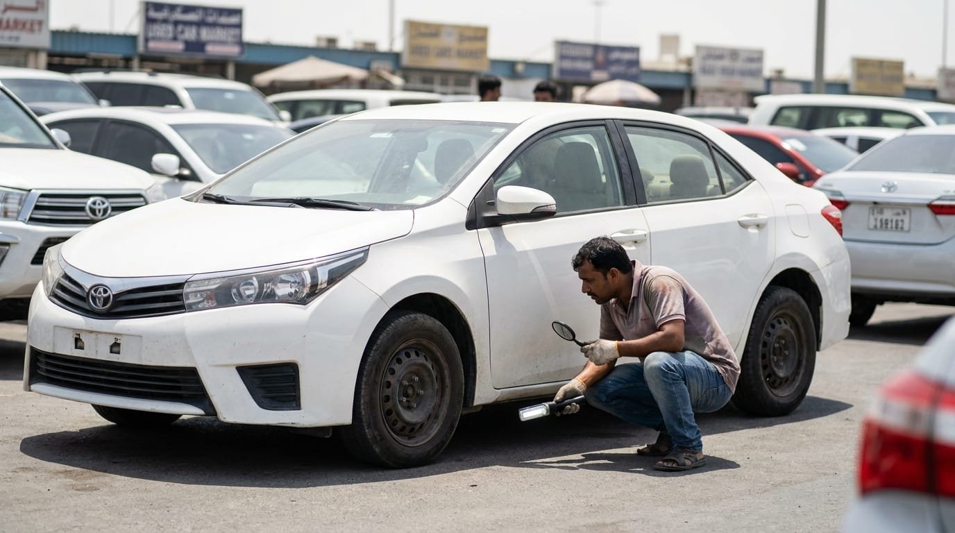 Expat buyer inspecting Toyota Corolla undercarriage before purchase Dubai