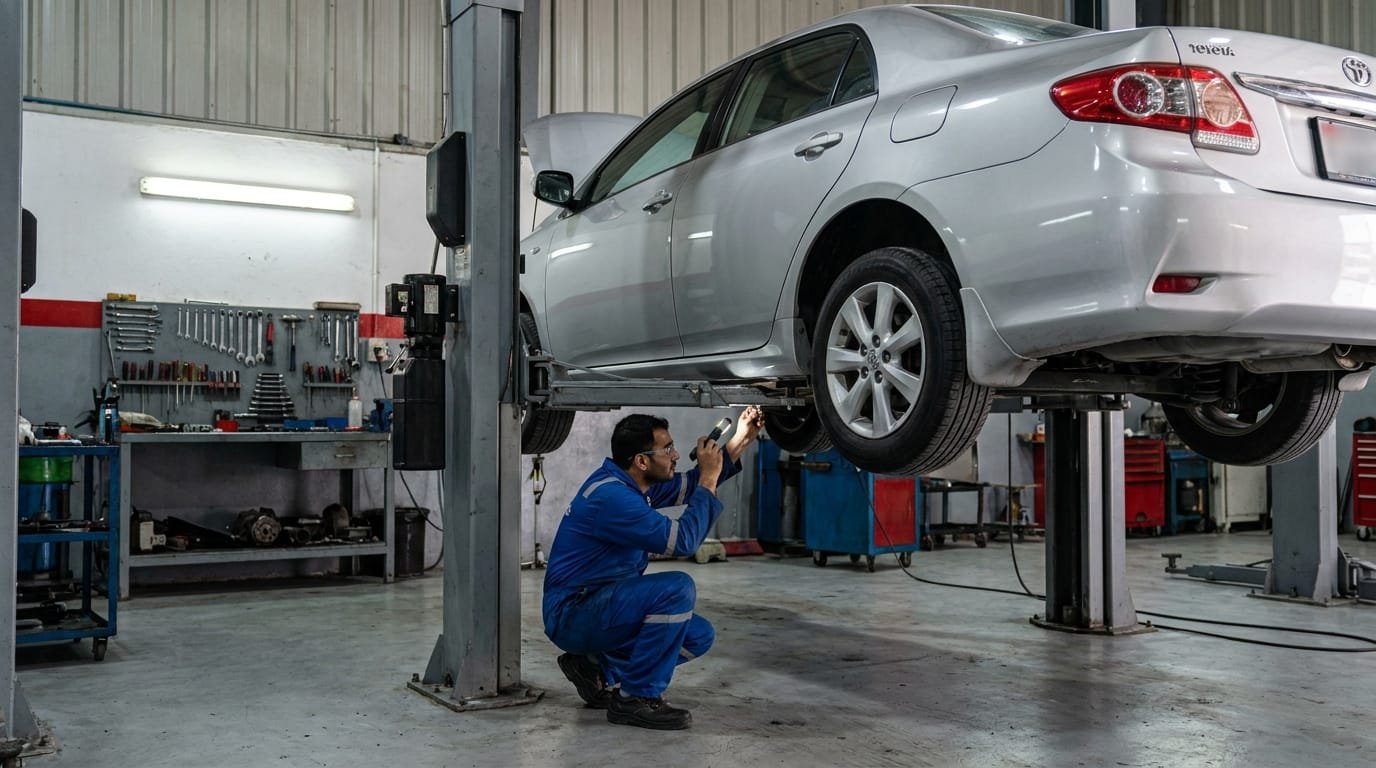 Mechanic performing undercarriage inspection of Toyota Corolla on a hydraulic lift in a Dubai garage