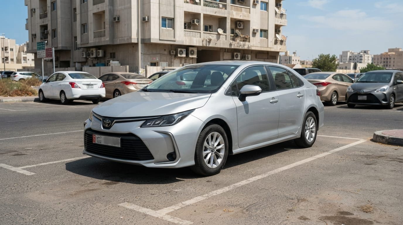 Private seller negotiating used Toyota Corolla sale in Sharjah parking lot