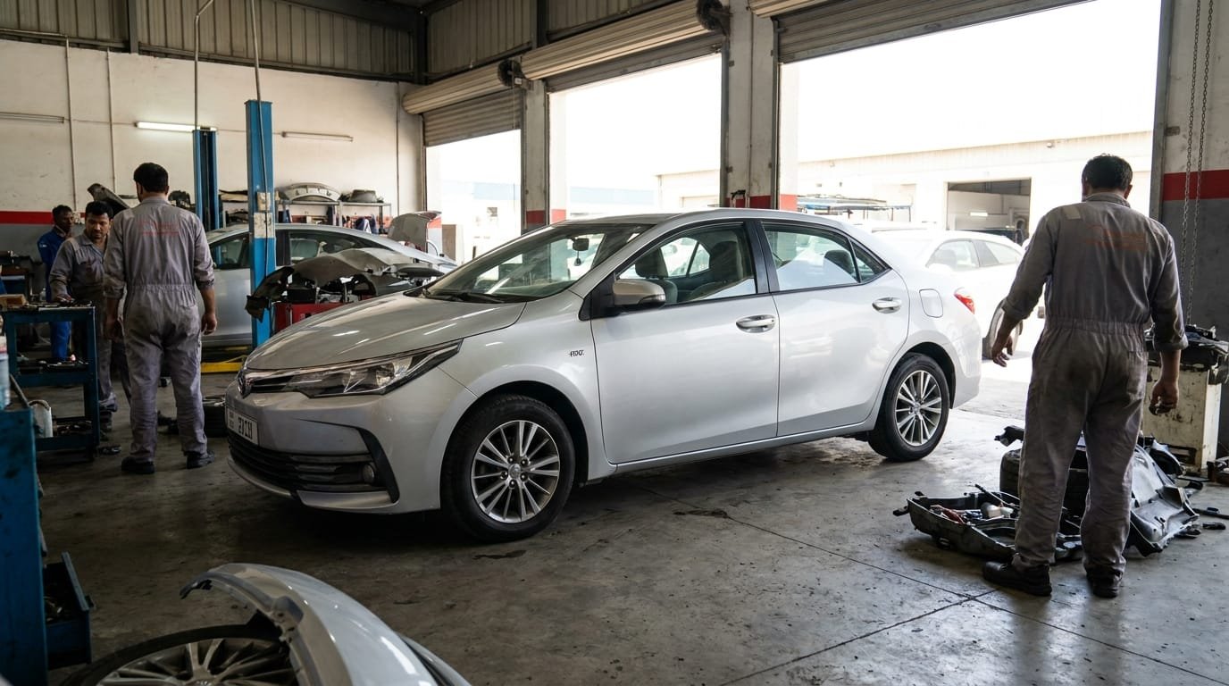 Toyota Corolla 2018 GCC spec parked in Al Quoz Dubai workshop bay mechanical inspection
