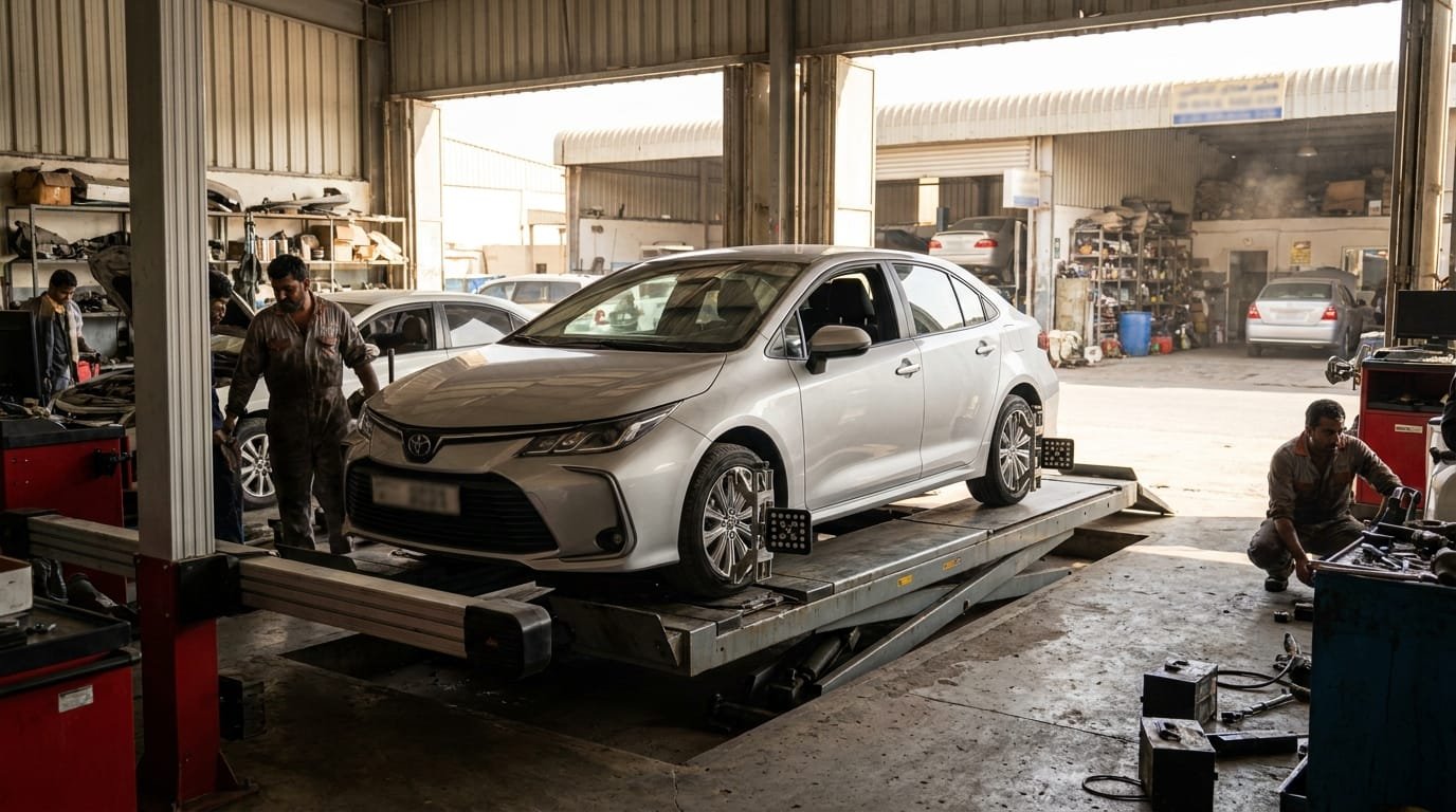 Toyota Corolla tyre inspection and wheel alignment at Sharjah Industrial Area workshop