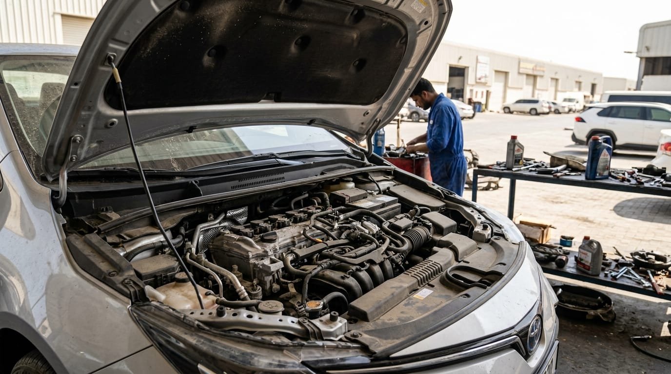 Toyota Corolla engine bay inspection at Al Quoz independent garage Dubai