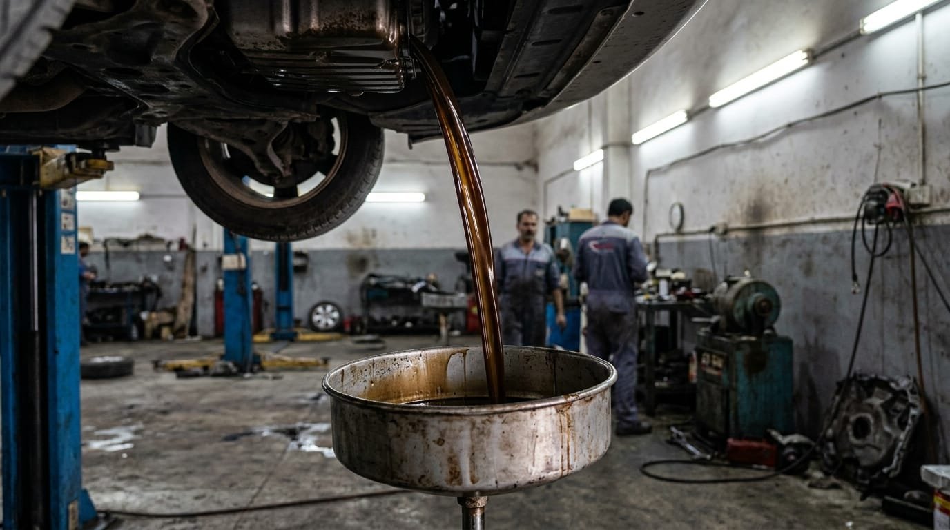 Technician draining dark degraded transmission fluid from a sedan in Sharjah Industrial Area workshop