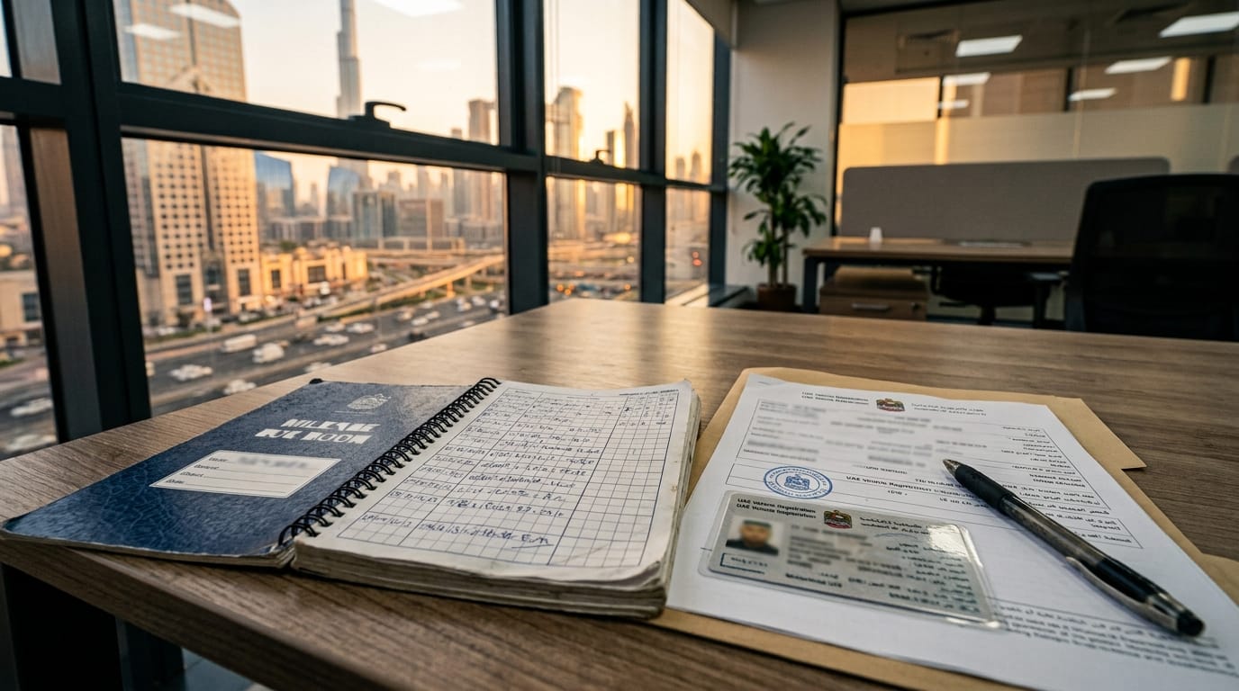 Mileage log and vehicle registration documents for UAE business car tax records