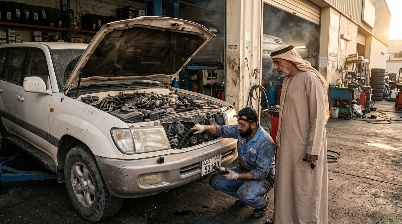 Car inspection at Al Quoz workshop in Dubai before business vehicle registration