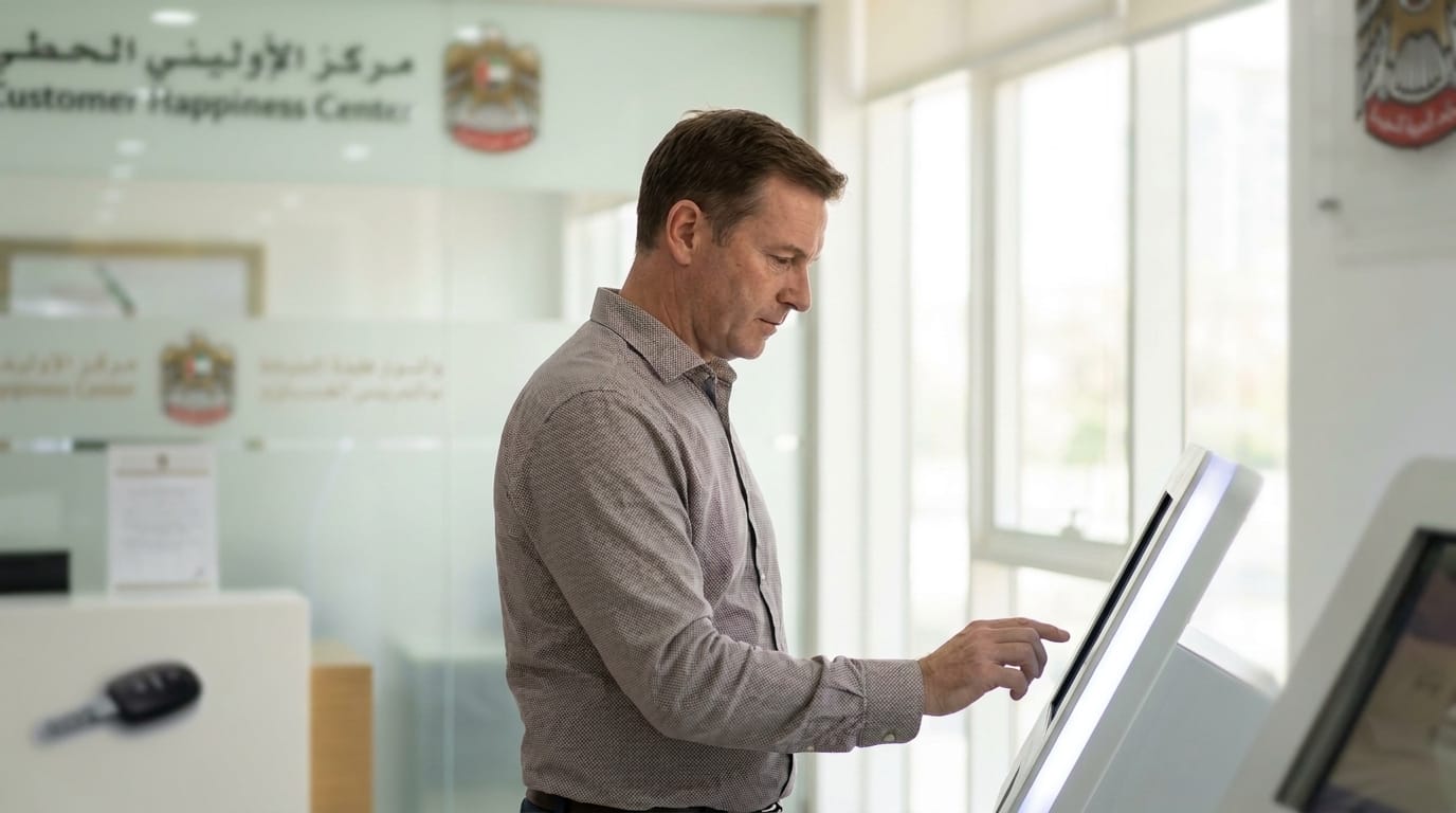 UAE government Customer Happiness Center with self-service payment kiosk for traffic fines, clean government office interior, realistic, no text, no women