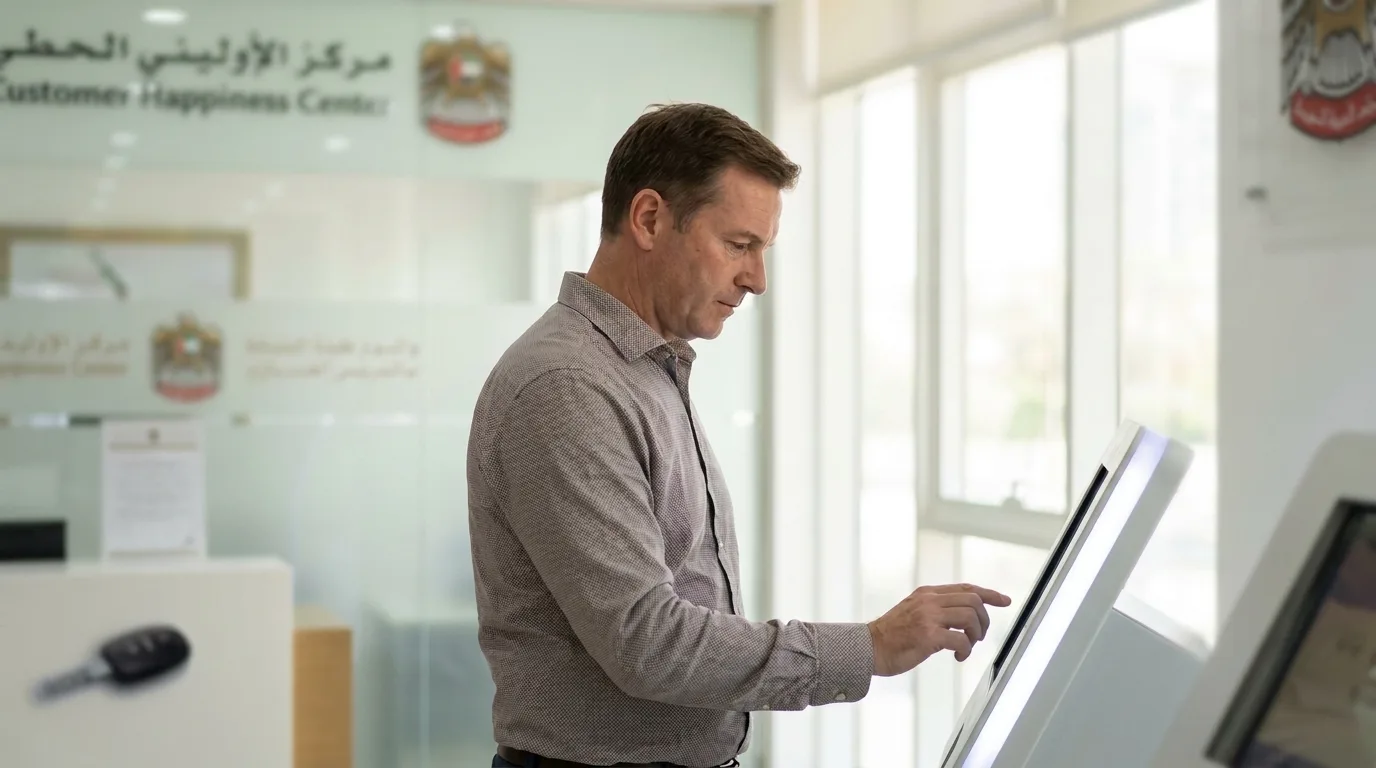 UAE government Customer Happiness Center with self-service payment kiosk for traffic fines, clean government office interior, realistic, no text, no women