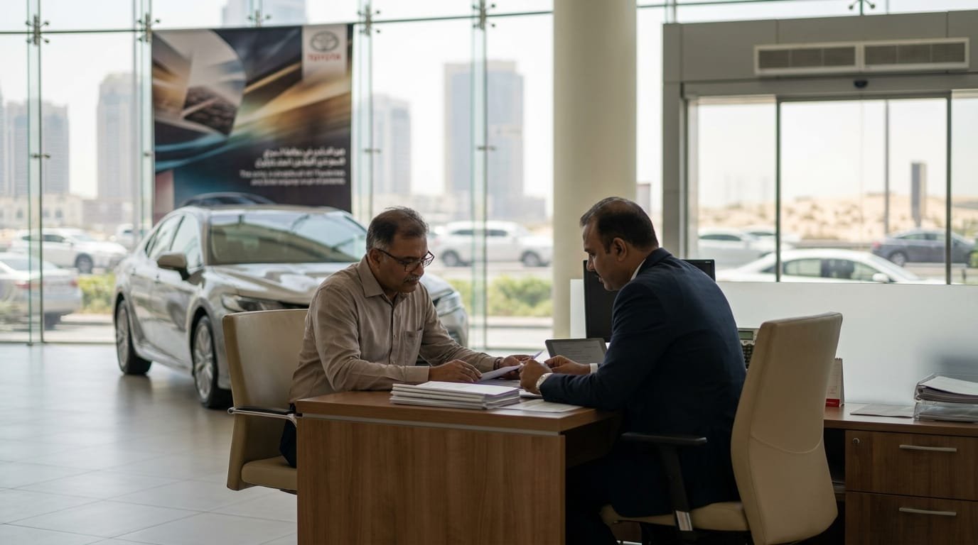 Expat negotiating car price at Dubai dealership post-Ramadan promotion