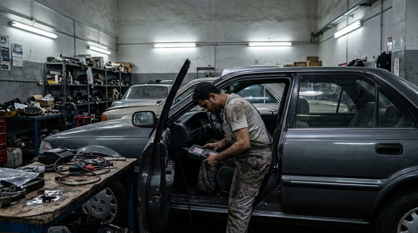 UAE mechanic connecting OBD scanner to transmission port in Al Quoz workshop