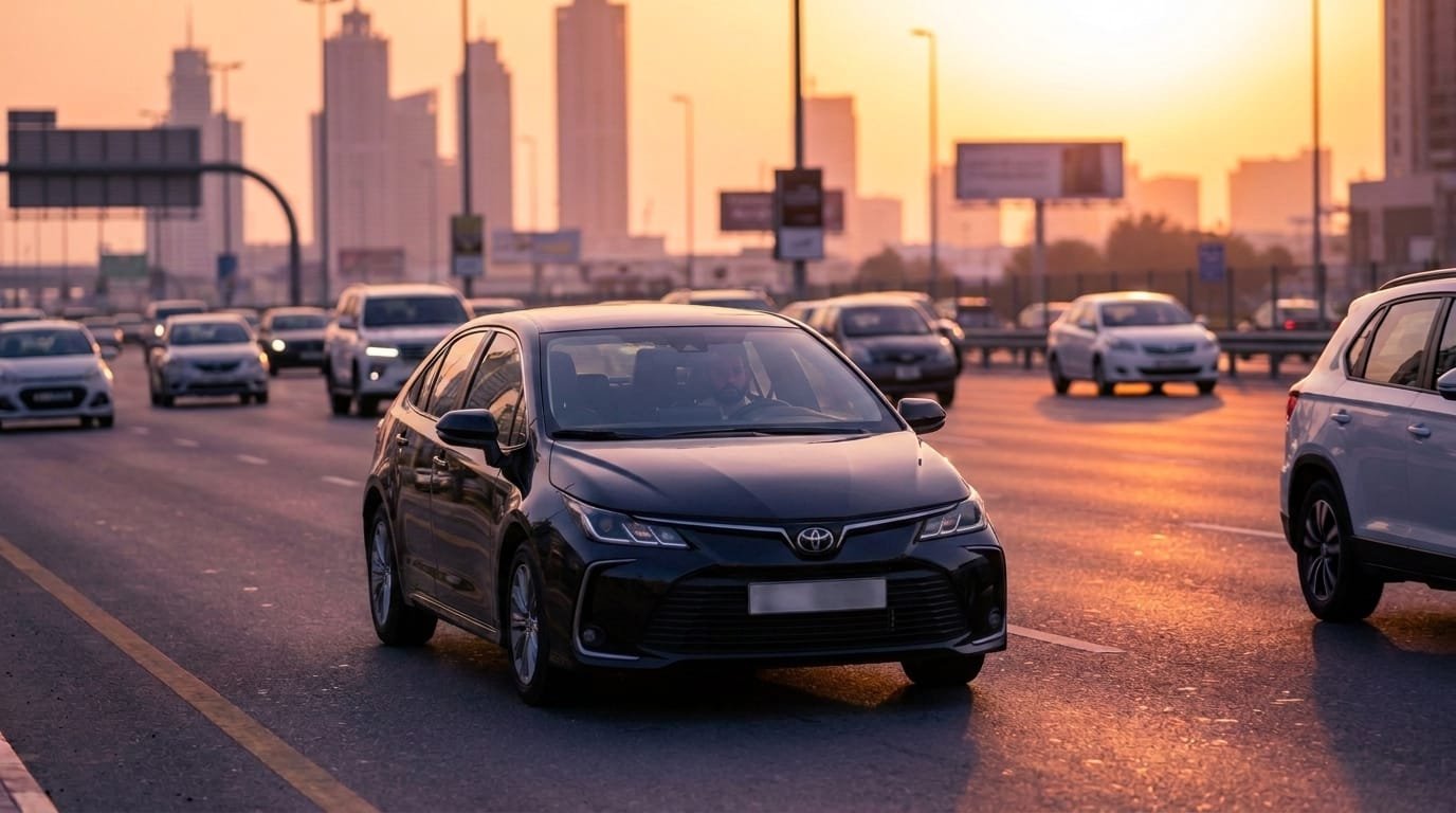sedan driving on Sheikh Zayed Road during evening commute