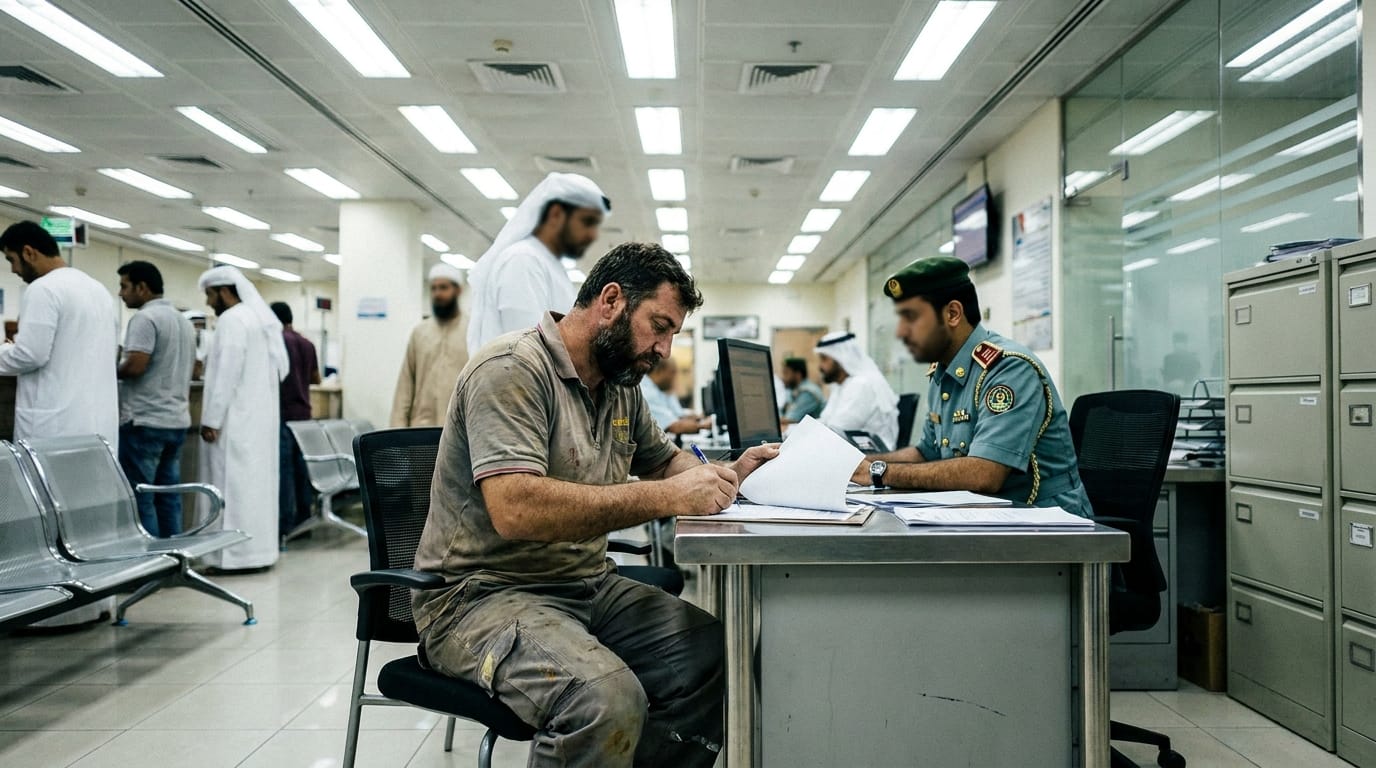 Expat driver completing vehicle recovery paperwork at UAE police customer service counter, realistic government office