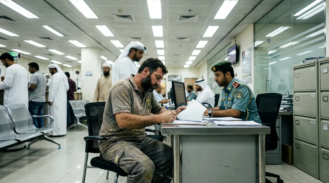 Expat driver completing vehicle recovery paperwork at UAE police customer service counter, realistic government office