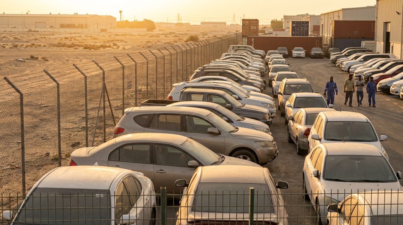 Government impound parking facility in UAE with rows of vehicles behind secure fence, realistic daylight