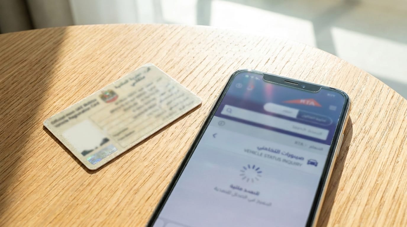 Close-up of a UAE Mulkiya registration card placed next to a smartphone showing the RTA vehicle inquiry portal, shot on a wooden surface in natural daylight