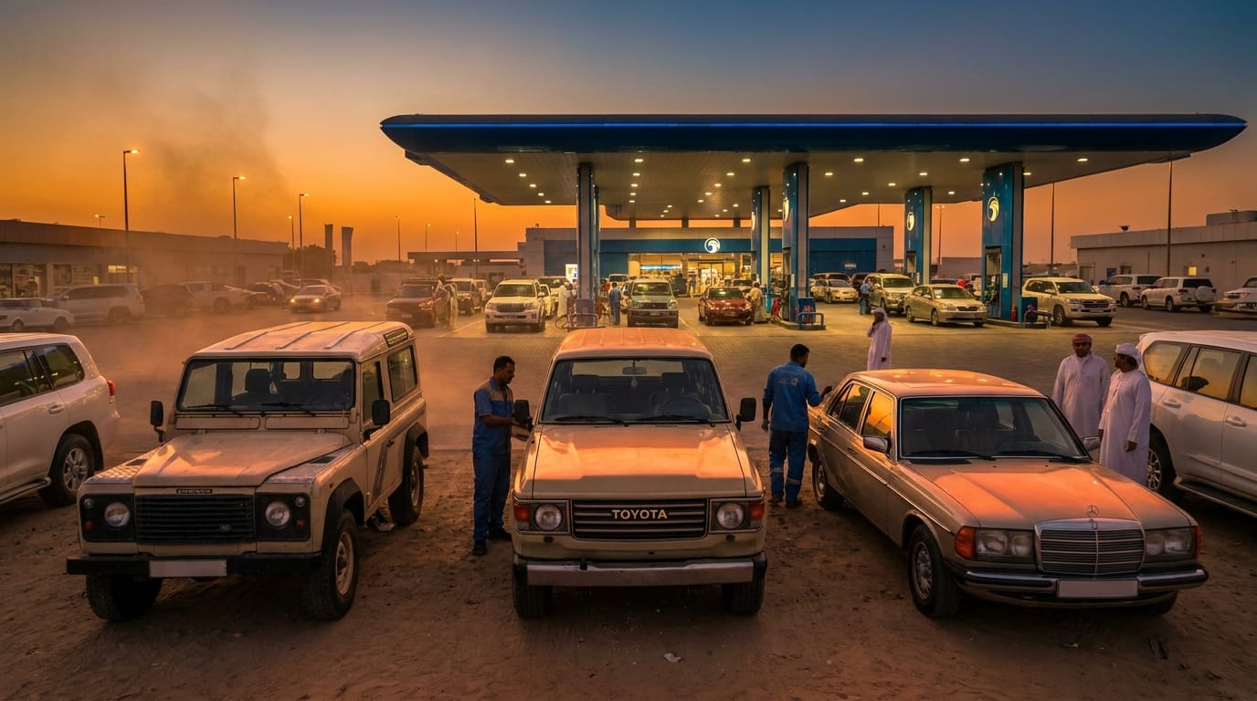 Toyota Corolla, Nissan Sunny, and Nissan Patrol parked side by side at a UAE petrol station showing fuel grade options