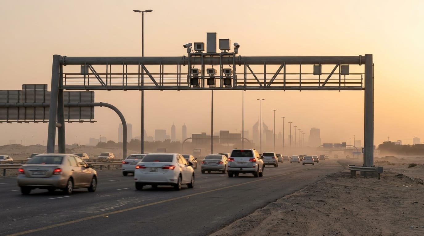 Speed radar camera on UAE highway capturing vehicle violations at dusk