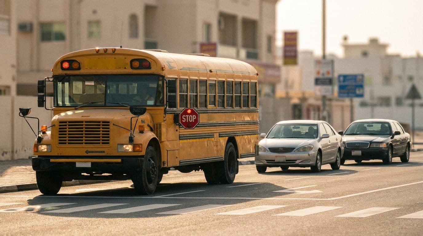 Yellow UAE school bus stopped on Dubai road with STOP arm sign extended, vehicles halted at 5 metre distance behind the bus during morning school drop-off