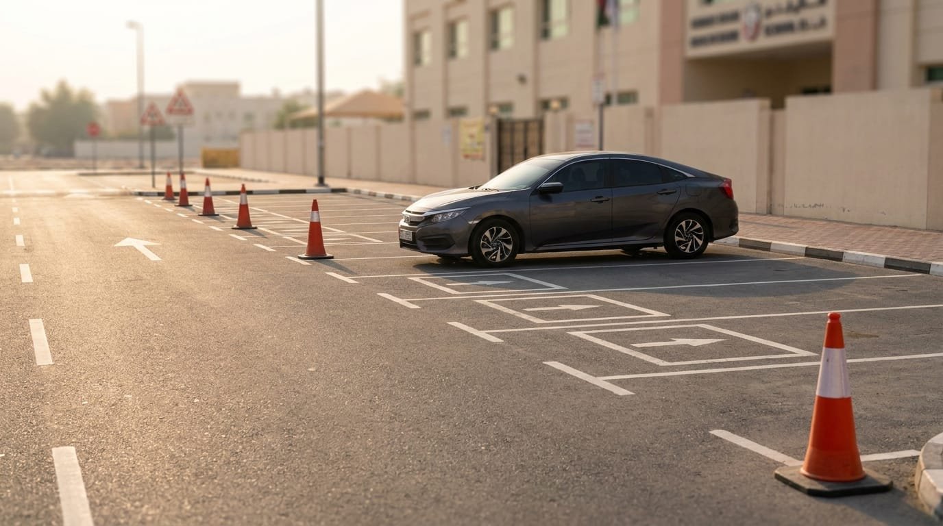 Designated school drop-off bay with road markings and traffic cones near an Abu Dhabi school entrance during morning school run