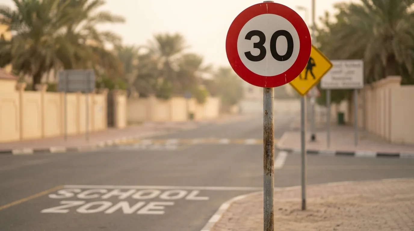UAE school zone speed limit sign showing 30 km/h with yellow children crossing warning on a Dubai residential road during morning school hours
