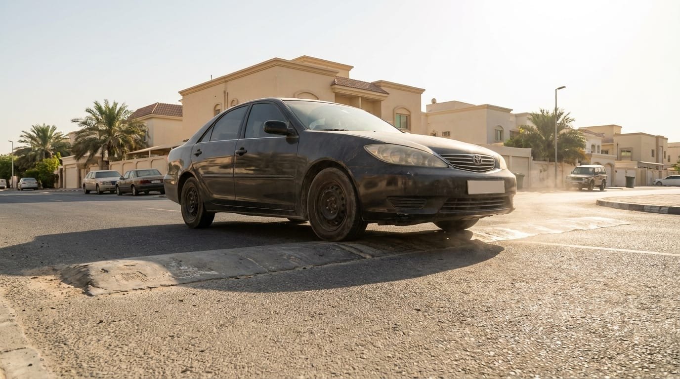 Car driving over unmarked speed bump in UAE residential street Sharjah