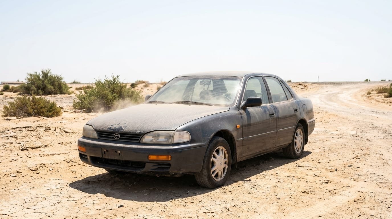 Car parked under direct desert sun in UAE showing battery heat exposure and accelerated wear risk