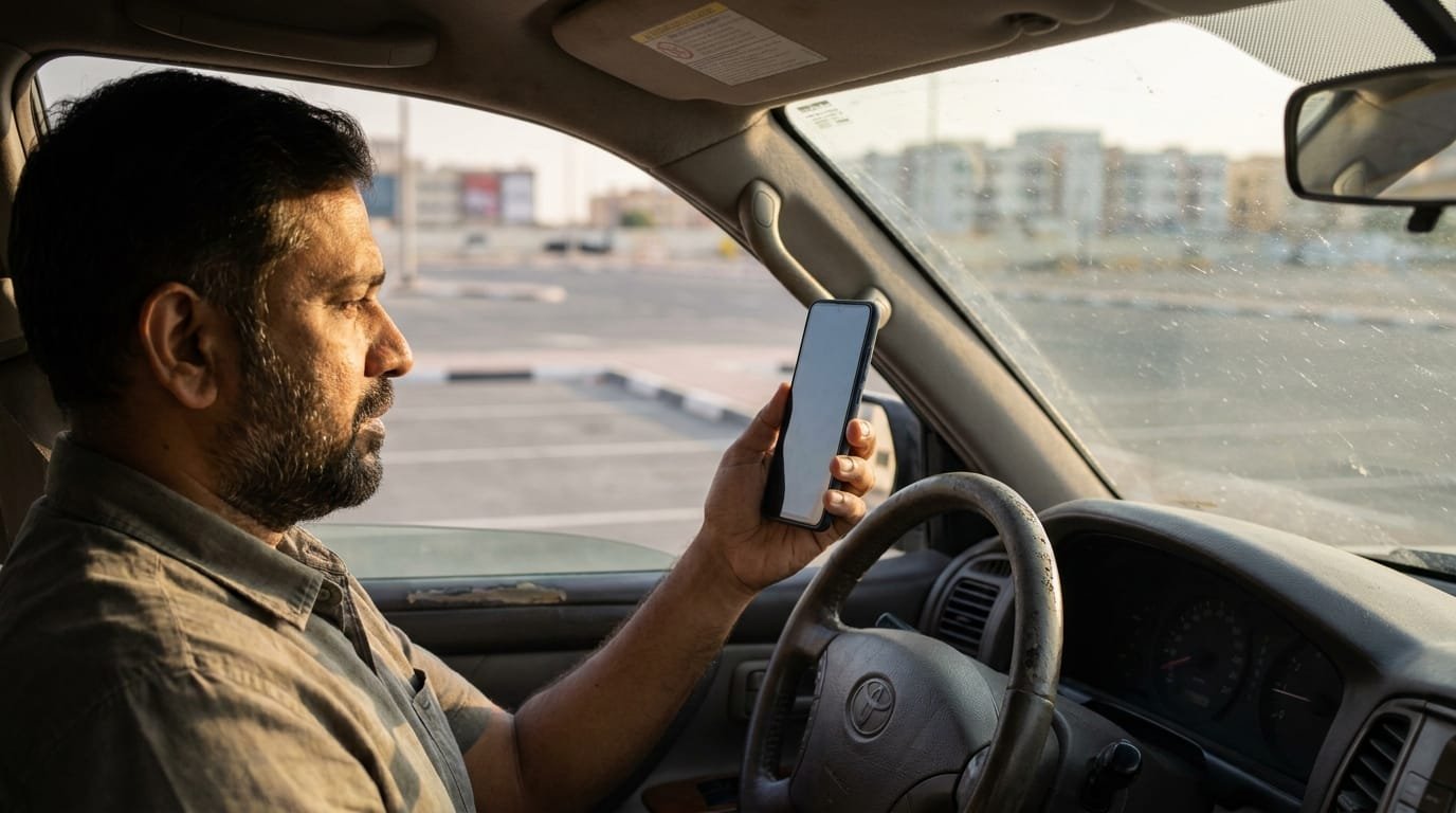 Expat checking UAE traffic fines on Dubai Police mobile app before leaving the country