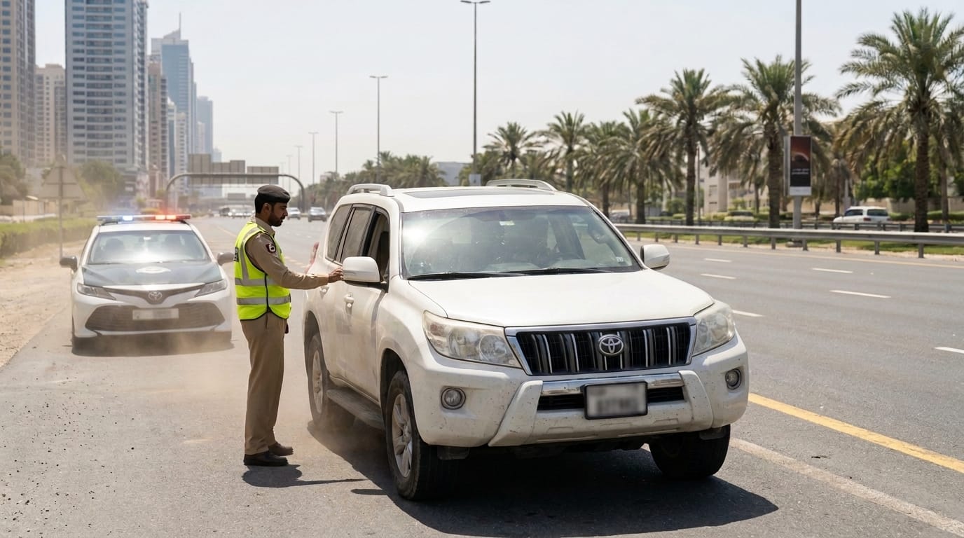 UAE traffic police officer conducting vehicle stop for traffic violation on Dubai road