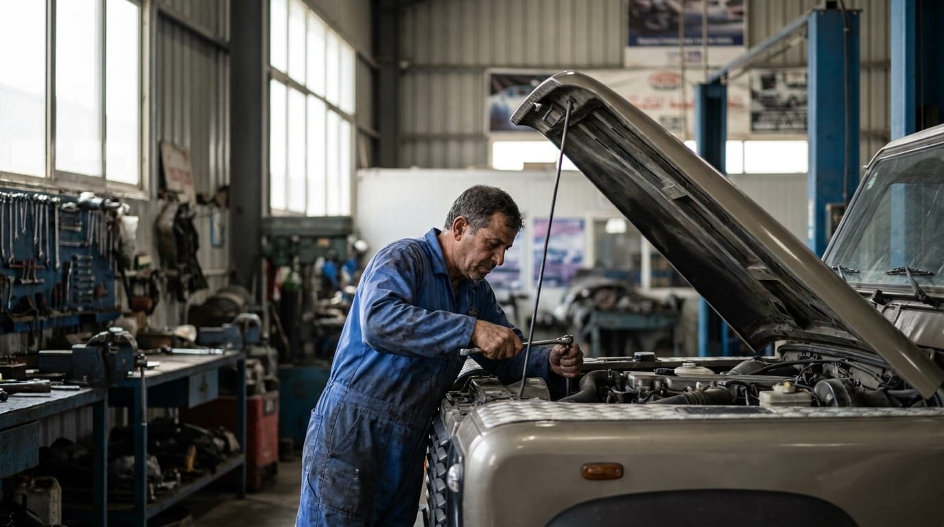 Vehicle inspection at Al Quoz automotive workshop before UAE ownership transfer