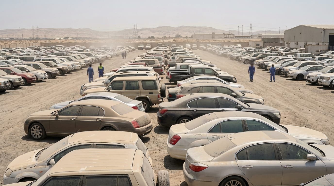 Rows of impounded vehicles at a UAE traffic authority impound lot