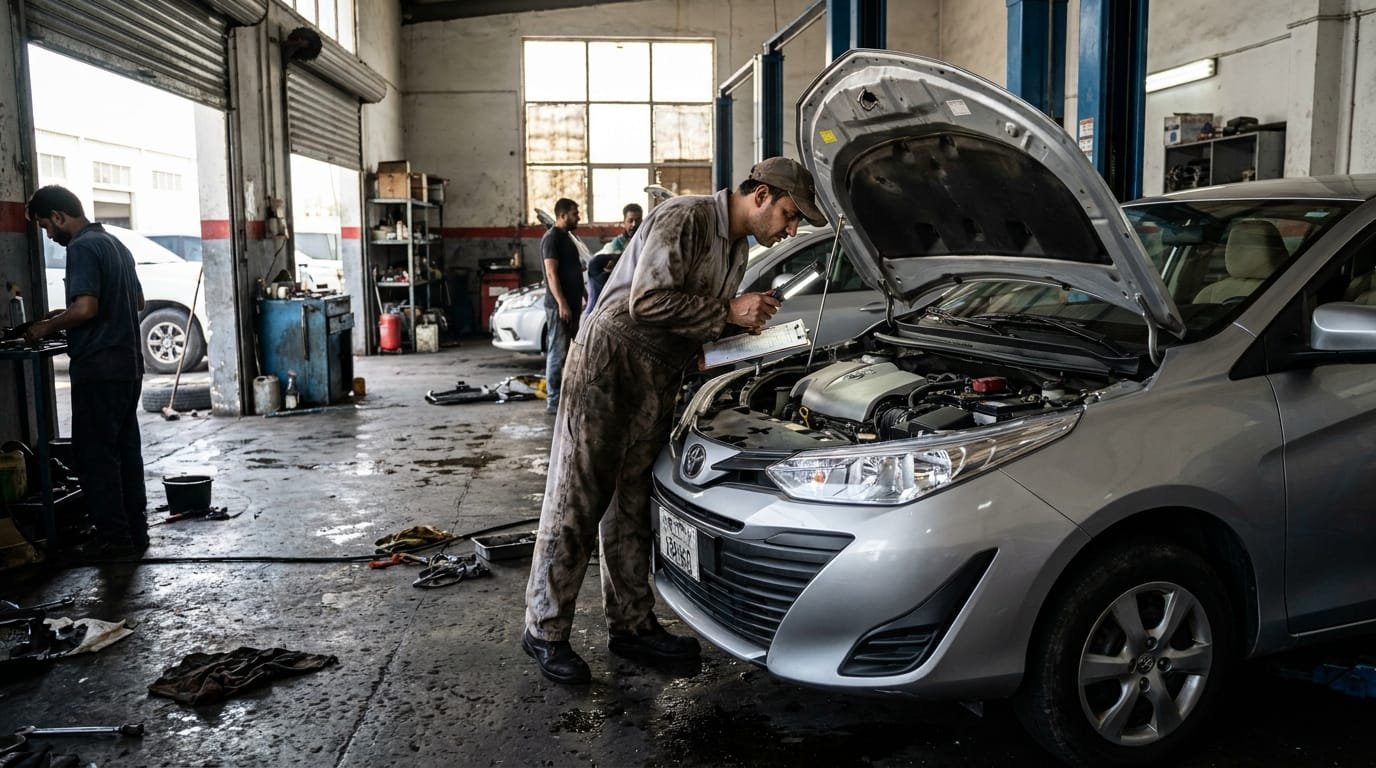 Mechanic performing 150-point inspection on used car in Al Quoz workshop Dubai UAE