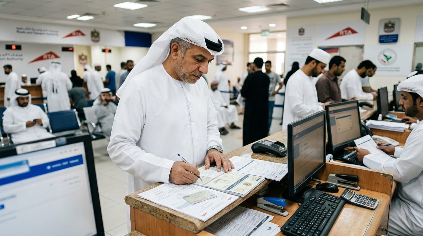 Expat buyer verifying used car Mulkiya and VIN documents at UAE transfer typing office