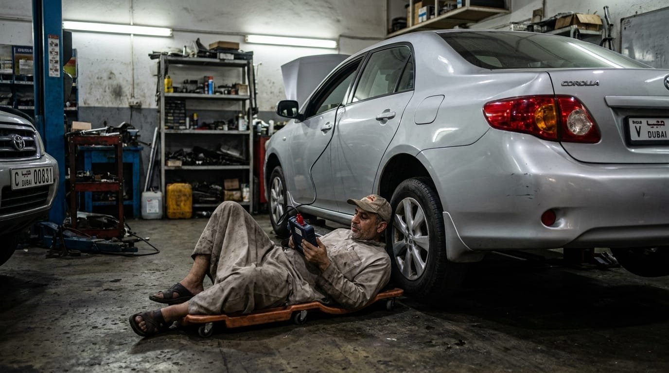 Mechanic performing pre-purchase inspection on used car Al Quoz Dubai