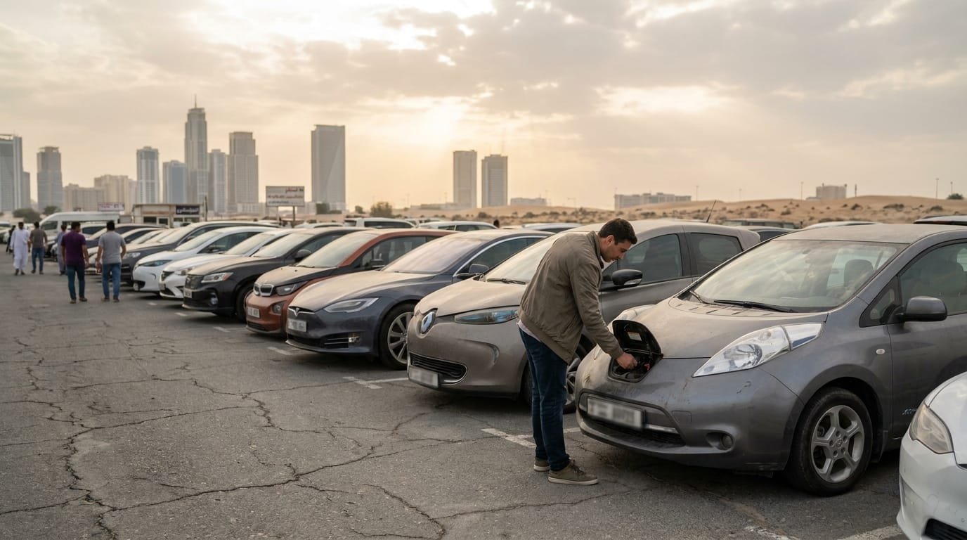 used electric car showroom Dubai buyer inspecting vehicle