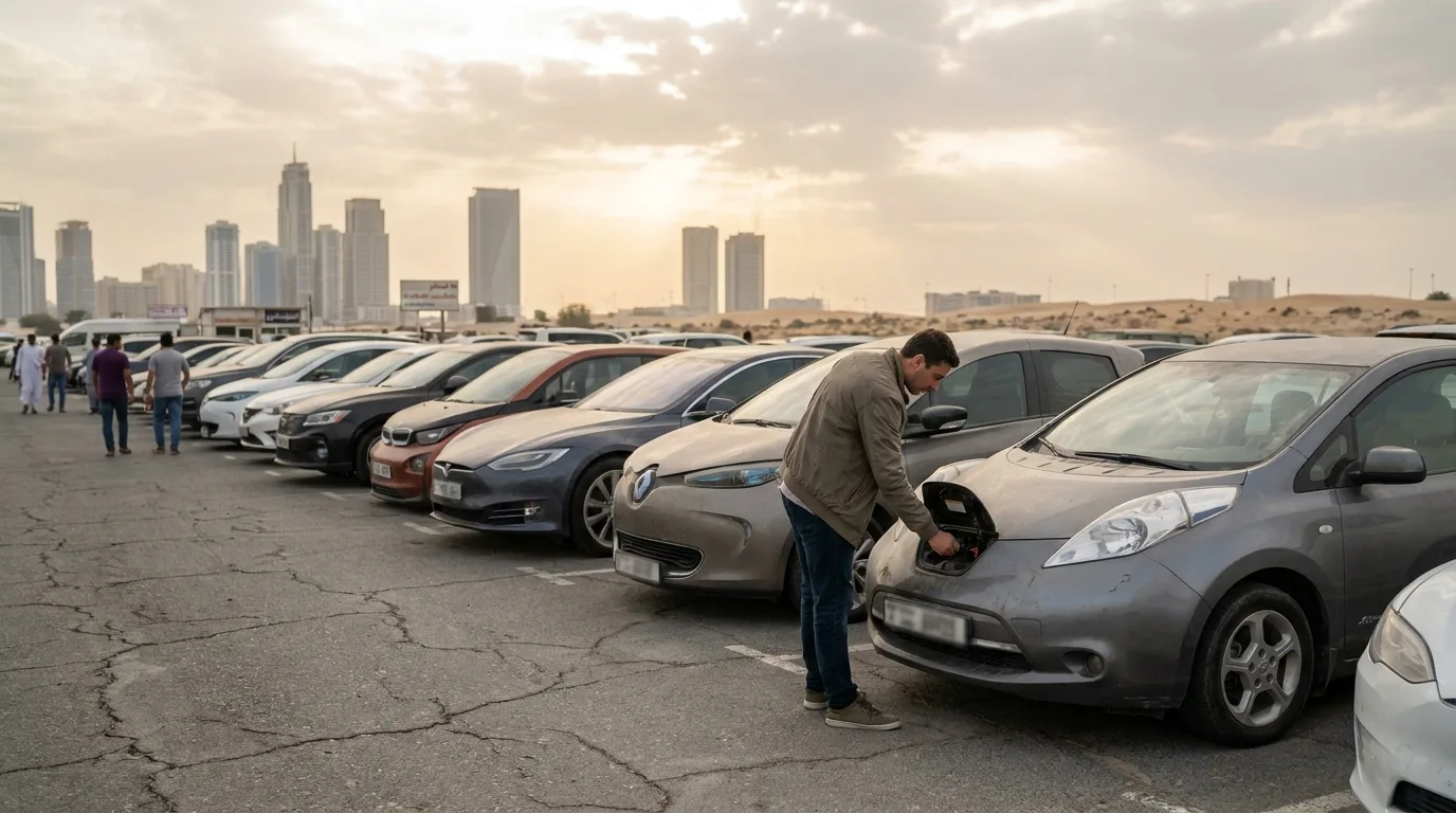 used electric car showroom Dubai buyer inspecting vehicle