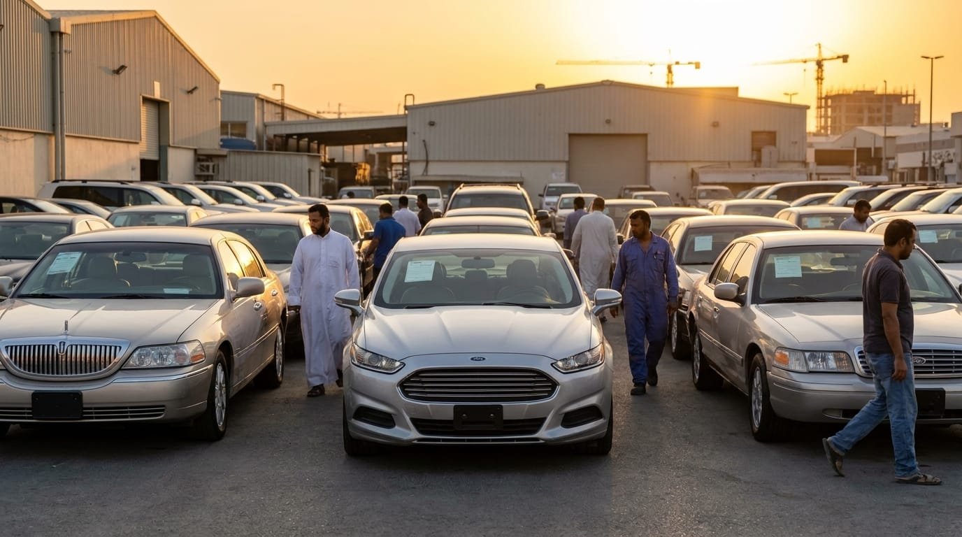 Used Ford Fusion sedans at a UAE used car lot in Al Quoz Dubai showing price tags